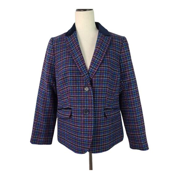 Talbots Navy Blue Pink Red Green Plaid Lined Wool Blend Jacket Blazer Coat 10 P - Picture 1 of 6